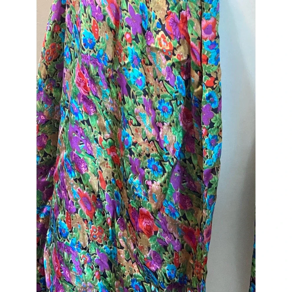 Vintage 100% Silk Floral Scarf Multicolor Botanical Print Fringe Trim Wrap 74x22